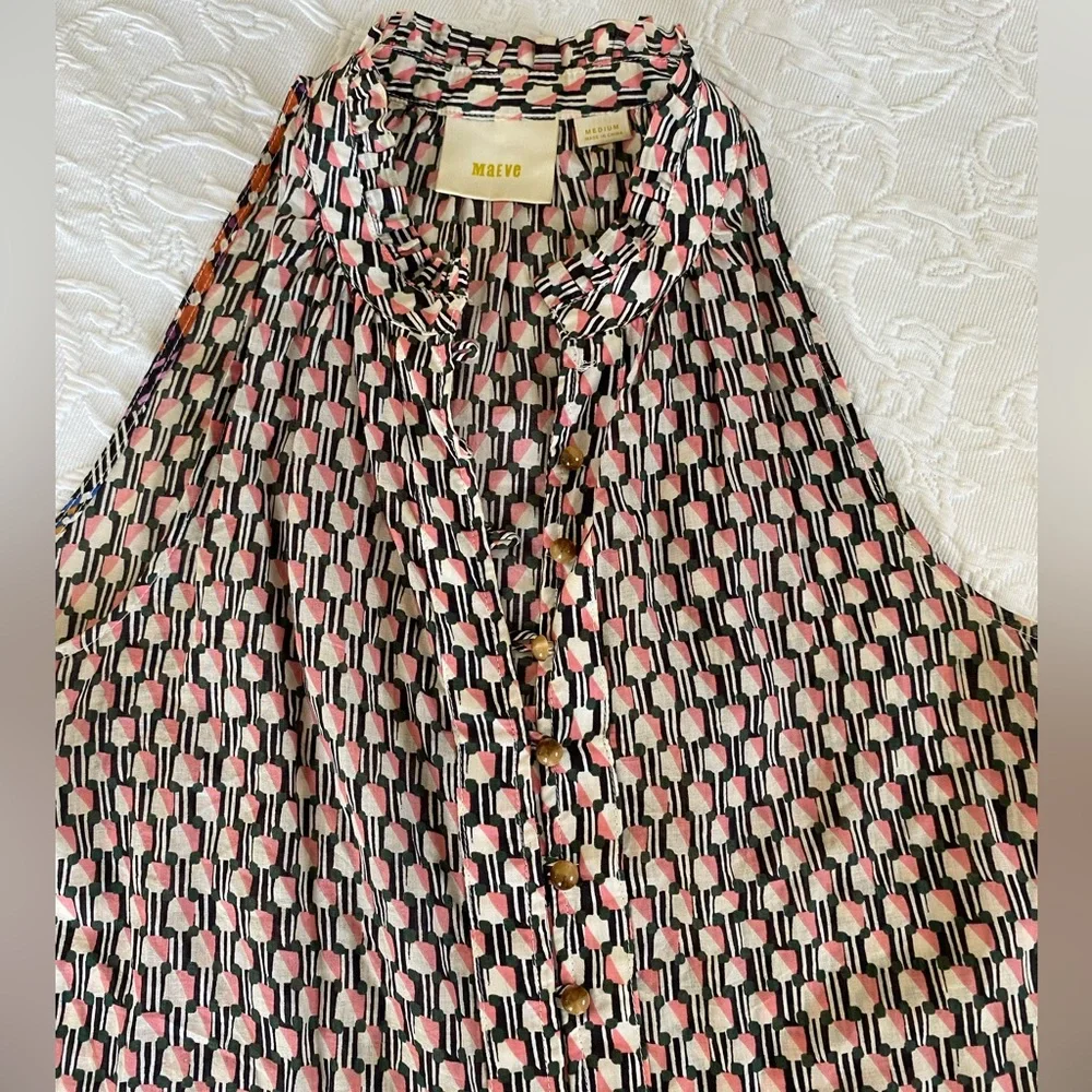 Anthro Maeve Prema Printed Tank Top Ruffle Button Front sz M like new - Picture 3 of 7